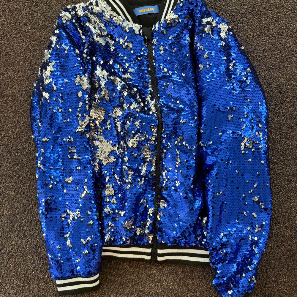 Kids Blue Sequin Bomber Jacket
